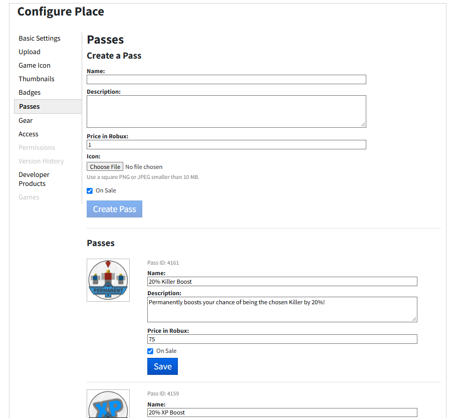 configure page for game passes